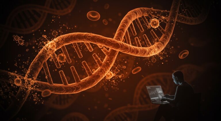 ADN ancestral y evolución inmunológica representados con elementos visuales que simbolizan nuevas teorías sobre alergias y su impacto en healthtech y gestión de equipos.