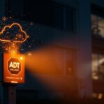 Cartel inteligente ADT Live Light iluminando una vivienda en emergencia, representando seguridad residencial y hardware conectado para emergencias.
