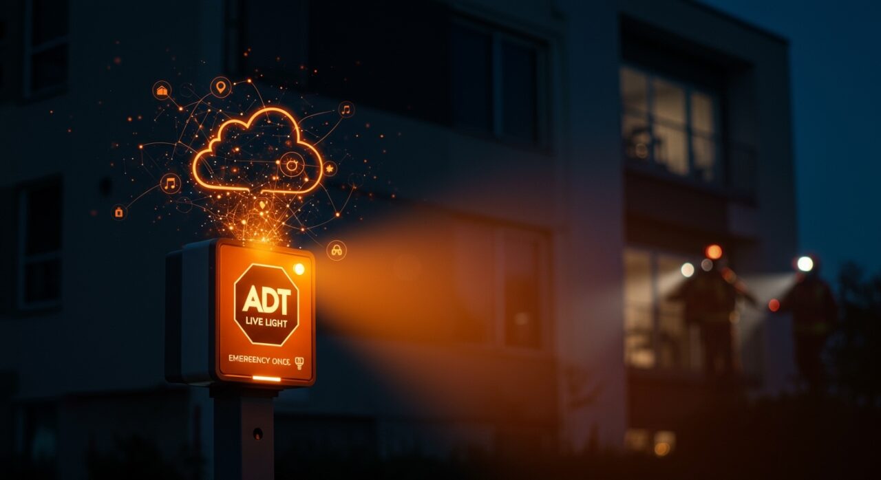 Cartel inteligente ADT Live Light iluminando una vivienda en emergencia, representando seguridad residencial y hardware conectado para emergencias.