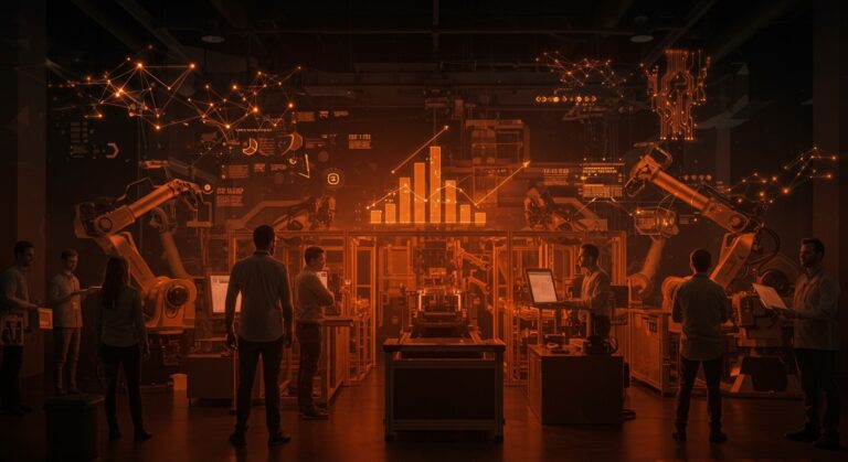 Profesionales y robots colaborando en Advanced Factories 2026 Barcelona, representando Industria 4.0, startups industriales B2B y automatización industrial.