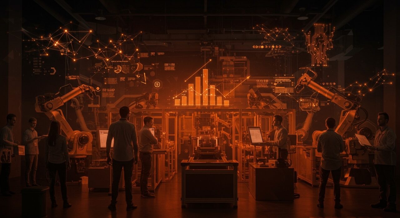 Profesionales y robots colaborando en Advanced Factories 2026 Barcelona, representando Industria 4.0, startups industriales B2B y automatización industrial.