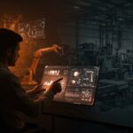 Founder en Advanced Factories 2026 Barcelona con hologramas de automatización industrial, robótica e inteligencia artificial en un entorno de industria 4.0.