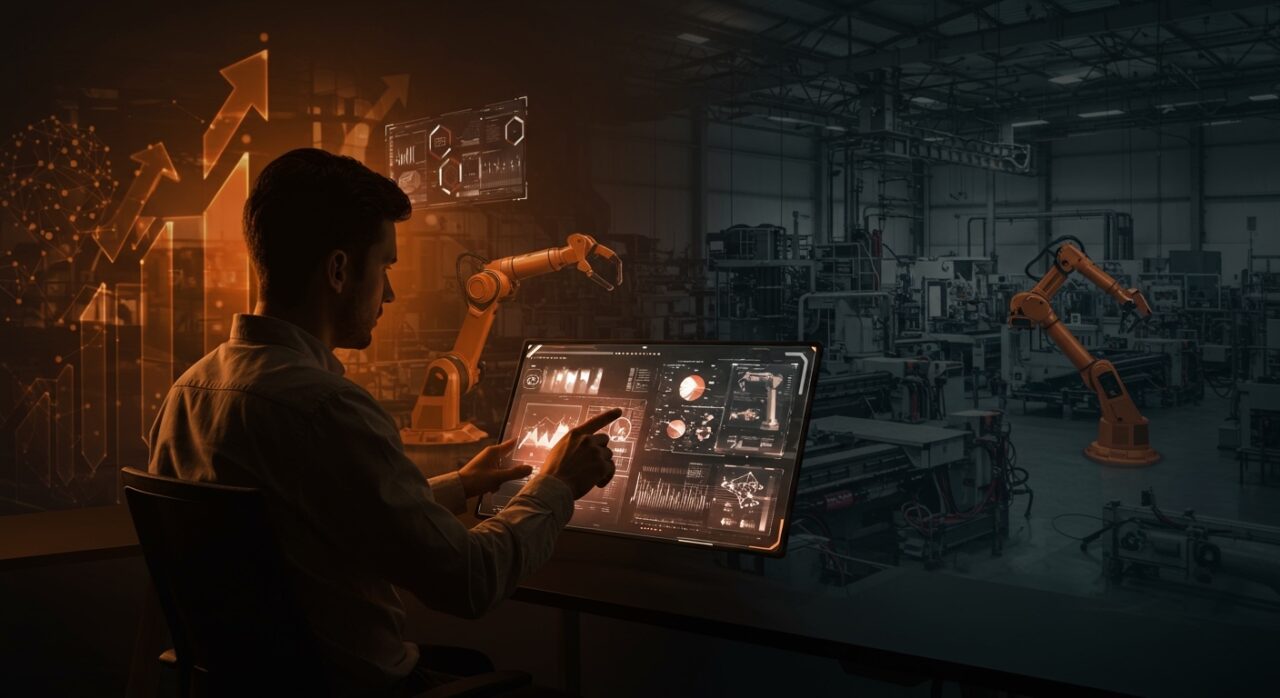 Founder en Advanced Factories 2026 Barcelona con hologramas de automatización industrial, robótica e inteligencia artificial en un entorno de industria 4.0.