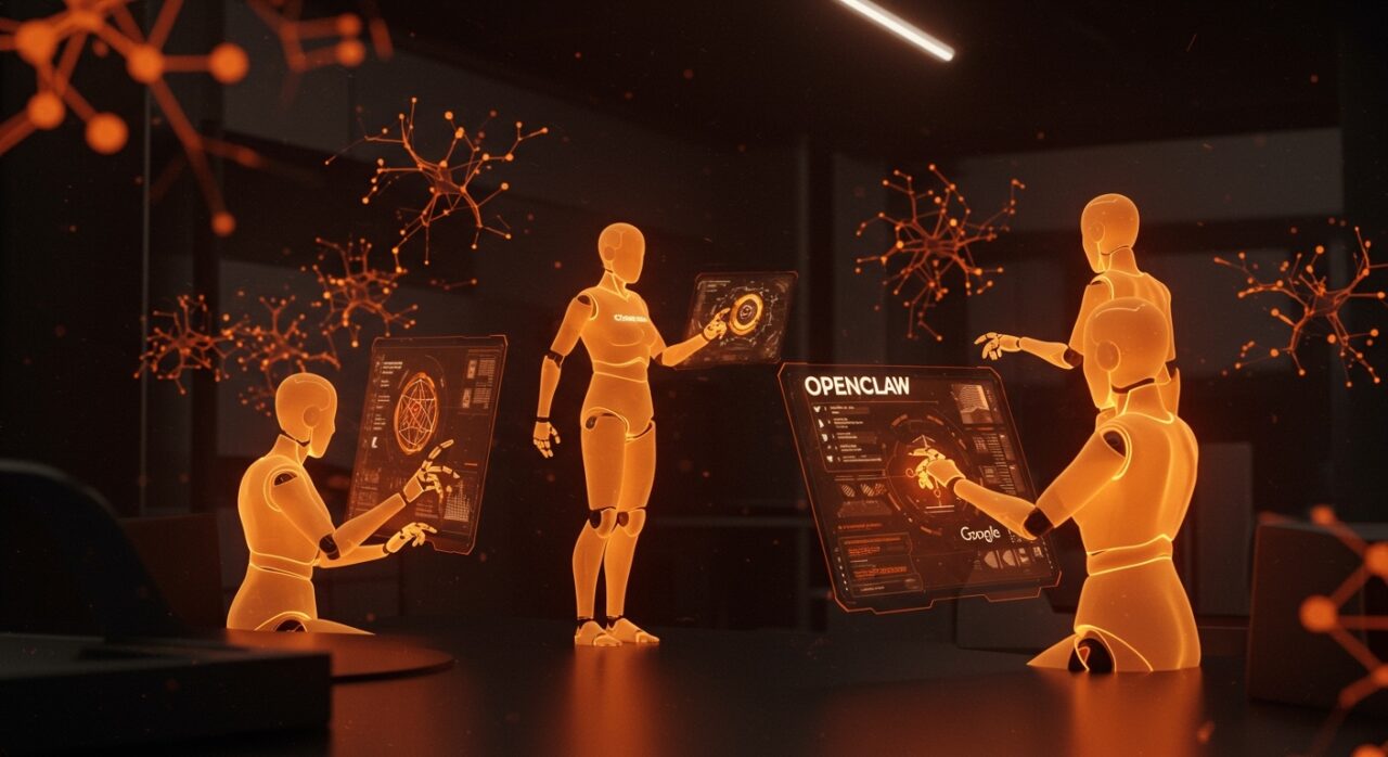 Agentes autónomos de inteligencia artificial Claude Cowork y OpenClaw en un entorno tecnológico moderno, ilustrando automatización y herramientas IA para startups.