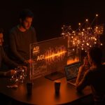 Fundadores hispanos de startups colaborando con interfaces digitales que representan la transformación de la Inteligencia Artificial General en automatización y escalabilidad.