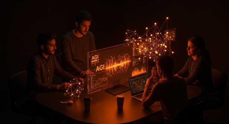 Fundadores hispanos de startups colaborando con interfaces digitales que representan la transformación de la Inteligencia Artificial General en automatización y escalabilidad.