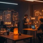 Fundadores de startups latinoamericanas trabajando con tecnología de Inteligencia Artificial General y automatización en un ambiente moderno y colaborativo.