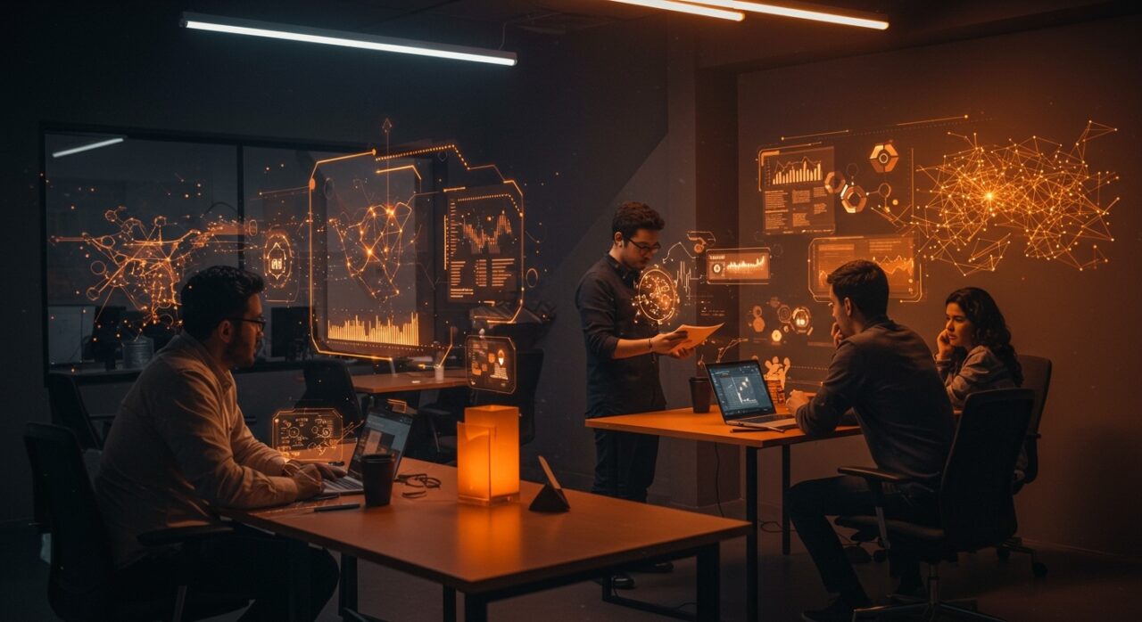 Fundadores de startups latinoamericanas trabajando con tecnología de Inteligencia Artificial General y automatización en un ambiente moderno y colaborativo.