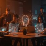 Fundadores de startups latinoamericanas colaborando con tecnologías de Inteligencia Artificial General mostrando innovación y automatización en un entorno tecnológico avanzado.