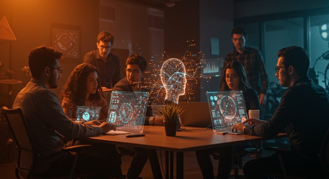 Fundadores de startups latinoamericanas colaborando con tecnologías de Inteligencia Artificial General mostrando innovación y automatización en un entorno tecnológico avanzado.
