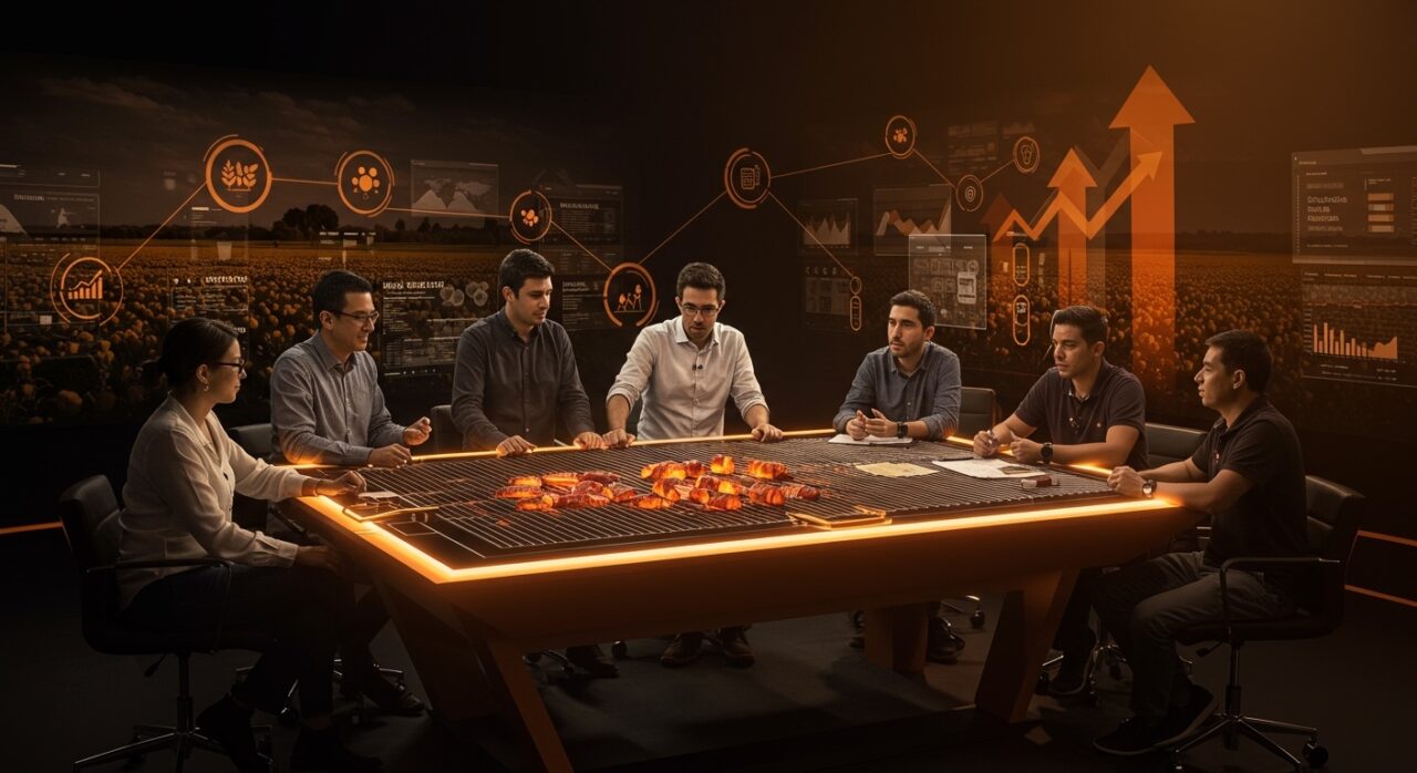 Presentación colaborativa de startups agrotech en el evento Parrilla Pitch de Agrosuper con enfoque en innovación abierta y acceso a inversión.