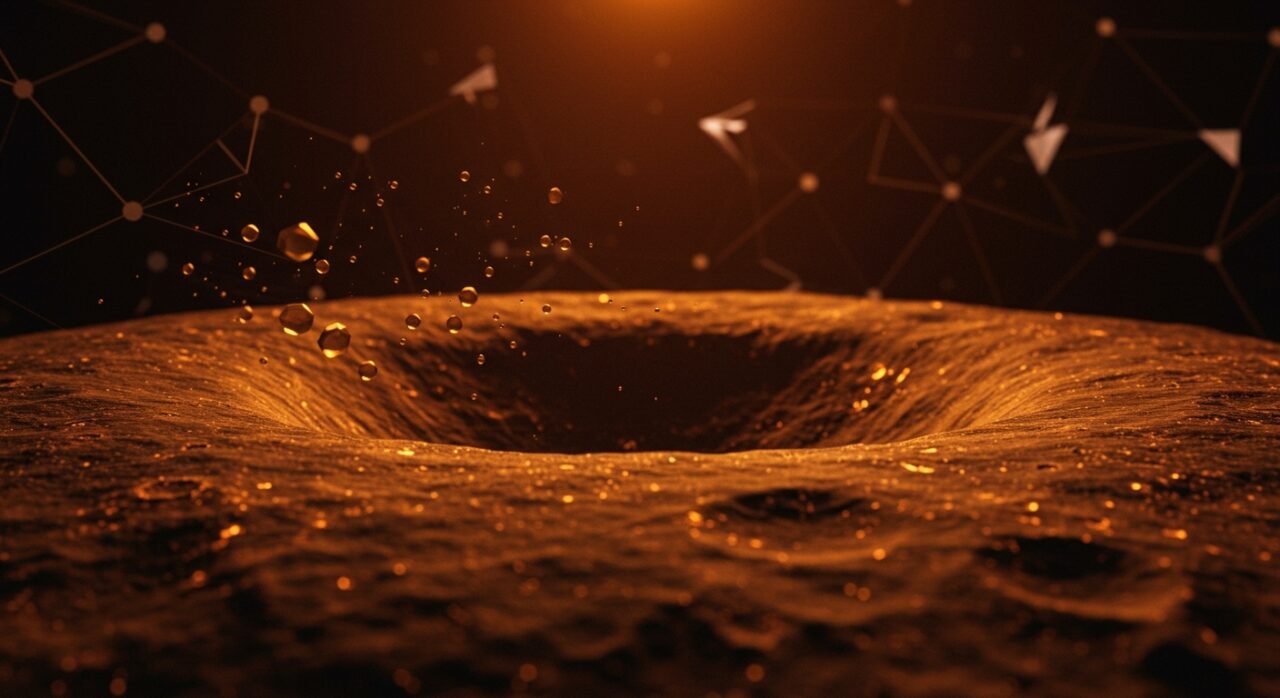 Cráter lunar vacío bajo luz naranja y negro simbolizando la ausencia de agua lunar y su impacto en la exploración y colonización espacial.