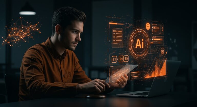 Fundador de startup revisando regulaciones del AI Act UE 2027 con símbolos de inteligencia artificial y cumplimiento normativo.