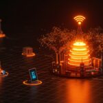 Visualización de AI-RAN y edge intelligence empresarial con redes 5G mostrando autonomía industrial y capas inteligentes ISAC en un entorno digital avanzado.