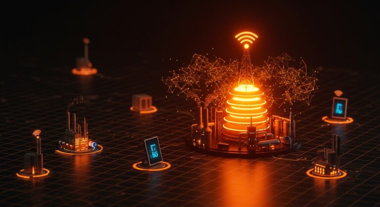 Visualización de AI-RAN y edge intelligence empresarial con redes 5G mostrando autonomía industrial y capas inteligentes ISAC en un entorno digital avanzado.