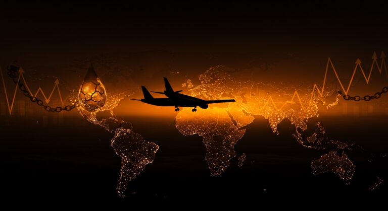 Avión sobre Europa frente a crisis energética y escasez de combustible para aviones, afectando startups de viajes y logística.