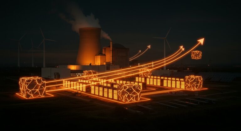 Instalación de baterías para almacenamiento energético en planta nuclear Grohnde, simbolizando la transición energética y oportunidades para startups cleantech en Europa.