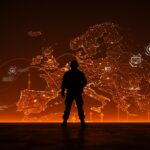 Plan militar de Alemania con soldados y mapa digital de Europa destacando inversión en defensa europea y oportunidades para startups de tecnología dual.