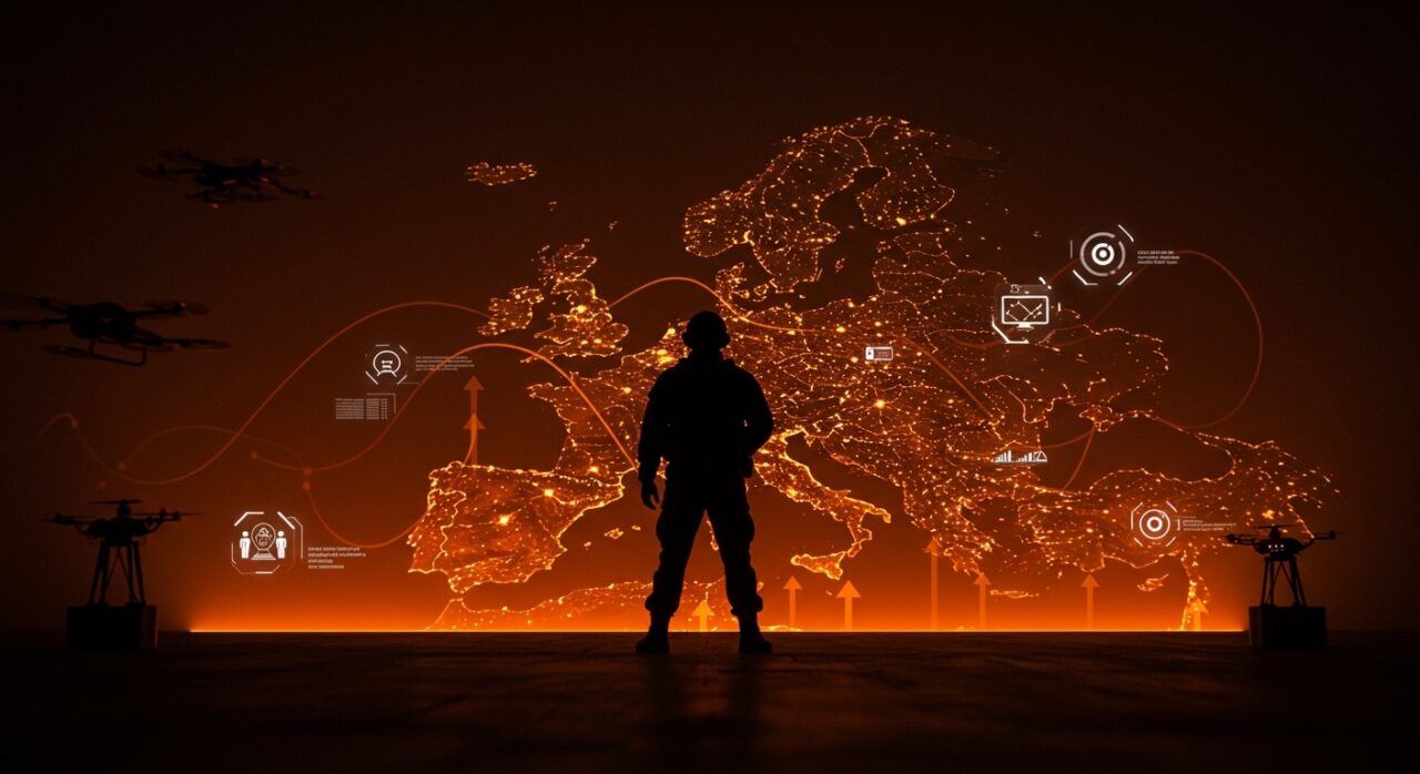 Plan militar de Alemania con soldados y mapa digital de Europa destacando inversión en defensa europea y oportunidades para startups de tecnología dual.