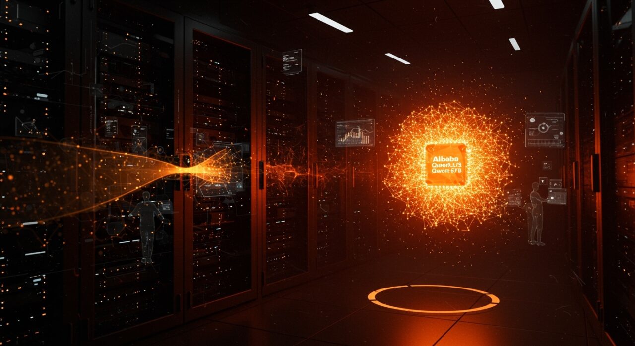 Modelo IA Alibaba Qwen3.6-27B representado como red neuronal densa en un entorno futurista, simbolizando su superioridad y eficiencia en el ecosistema startup de IA.