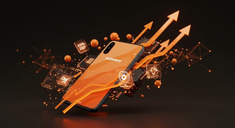 Smartphone moderno con componentes holográficos destacando descuentos móviles y tendencias de hardware tecnológico 2026 en AliExpress.