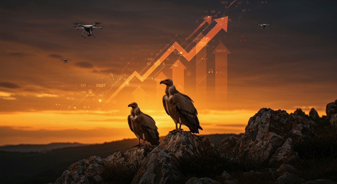 Pareja de alimoche en España siendo monitoreada con drones e inteligencia artificial para conservación ambiental por startups de impacto.