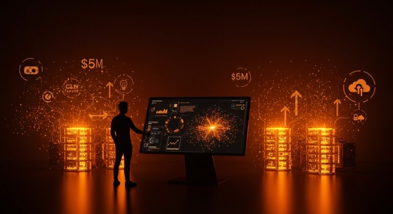 Founder pivotando un negocio hacia IA con inversión en GPUaaS, ilustrando innovación startup y financiamiento tecnológico.