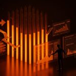 Visualización estilizada de almacenamiento columnar y optimización de consultas SQL con estructuras de datos verticales en paleta Ecosistema Startup naranja y negro.