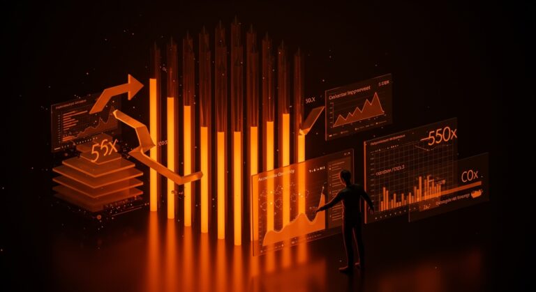 Visualización estilizada de almacenamiento columnar y optimización de consultas SQL con estructuras de datos verticales en paleta Ecosistema Startup naranja y negro.