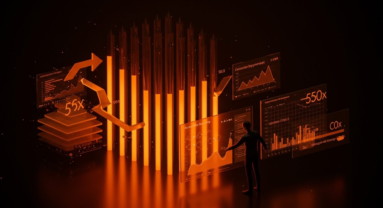 Visualización estilizada de almacenamiento columnar y optimización de consultas SQL con estructuras de datos verticales en paleta Ecosistema Startup naranja y negro.