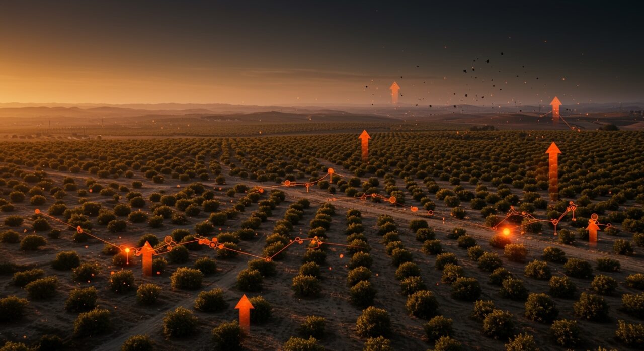 Vista aérea de almendros en España mostrando expansión y riesgo de saturación en el mercado agrícola con enfoque en startups AgriTech.