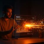 Fundador hispano de startup tecnológica analizando resultados trimestrales de Alphabet Q1 2026 con símbolos de IA y crecimiento en tecnología cloud y ecosistema startup.