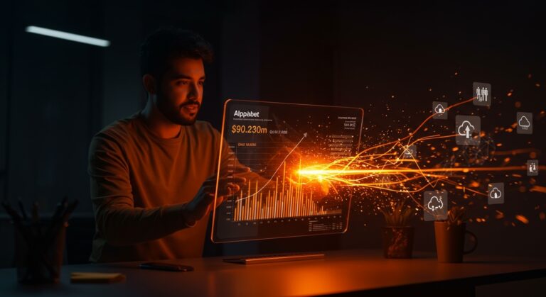 Fundador hispano de startup tecnológica analizando resultados trimestrales de Alphabet Q1 2026 con símbolos de IA y crecimiento en tecnología cloud y ecosistema startup.