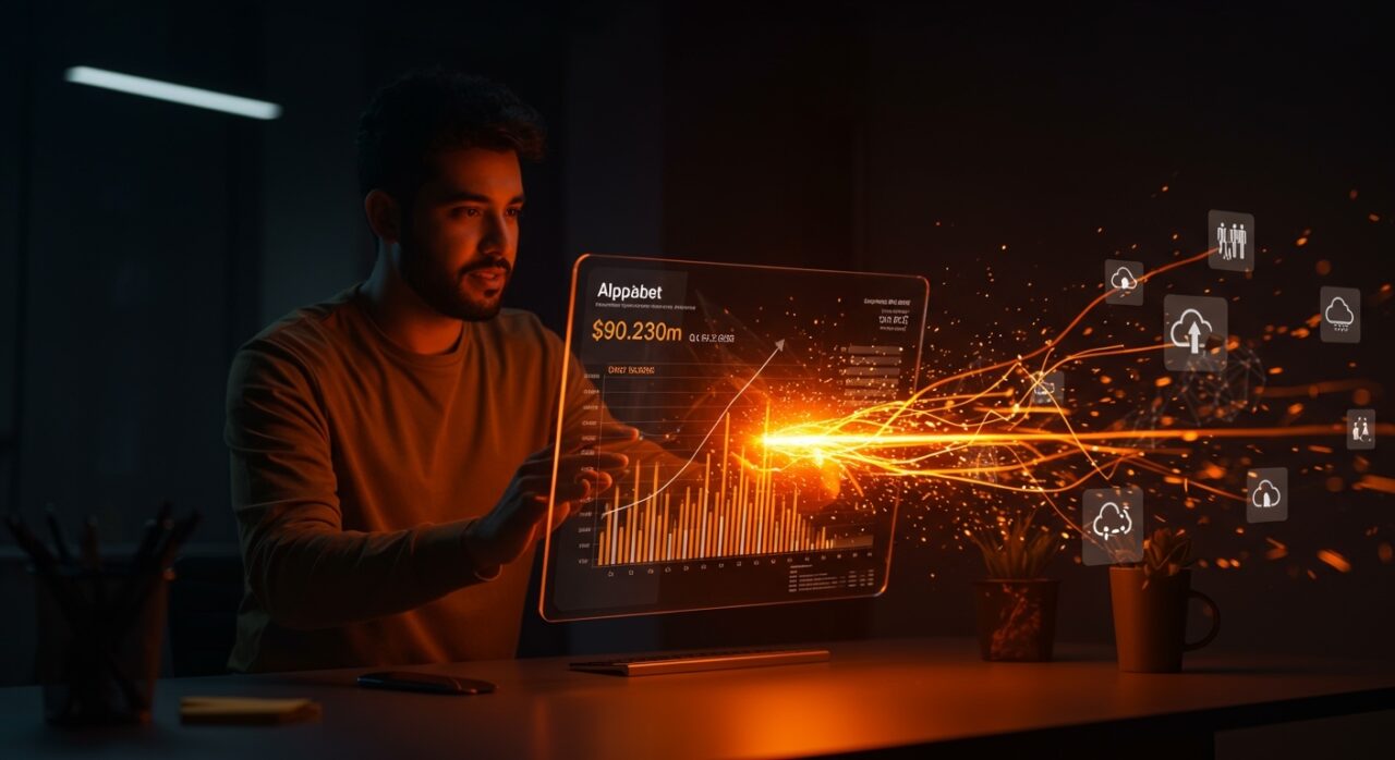 Fundador hispano de startup tecnológica analizando resultados trimestrales de Alphabet Q1 2026 con símbolos de IA y crecimiento en tecnología cloud y ecosistema startup.