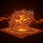 Simulación molecular con AlphaFold 3 aplicando inteligencia artificial para explorar el origen de la vida prebiótica con un estilo editorial en colores naranja y negro.