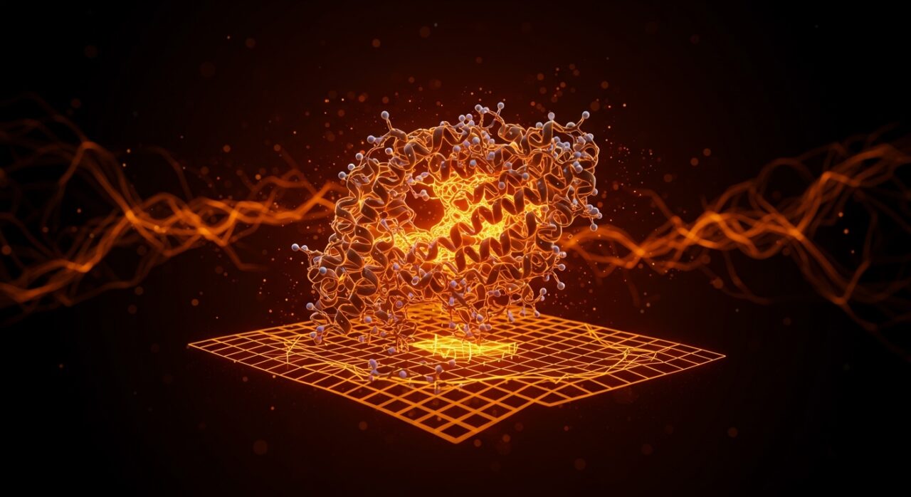 Simulación molecular con AlphaFold 3 aplicando inteligencia artificial para explorar el origen de la vida prebiótica con un estilo editorial en colores naranja y negro.