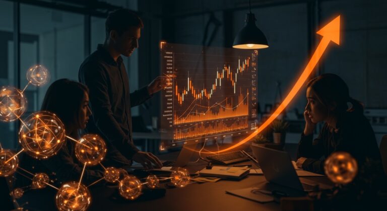 Equipo de startup analizando gráficas del aumento del precio del aluminio y estrategias para protegerse de la crisis global de suministro en la industria tecnológica.