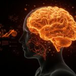 Ilustración digital de un cerebro con filamentos tau iluminados en naranja y metáforas visuales de investigación de Alzheimer y terapias innovadoras en healthtech.