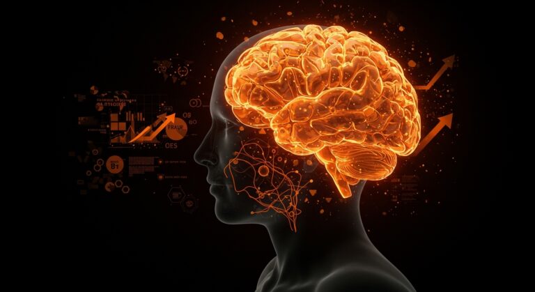 Ilustración digital de un cerebro con filamentos tau iluminados en naranja y metáforas visuales de investigación de Alzheimer y terapias innovadoras en healthtech.