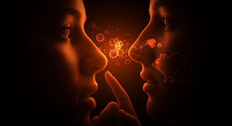 Ilustración editorial sobre la relación entre alzhéimer y bacterias vinculada a la higiene nasal en estudios científicos con ratones.