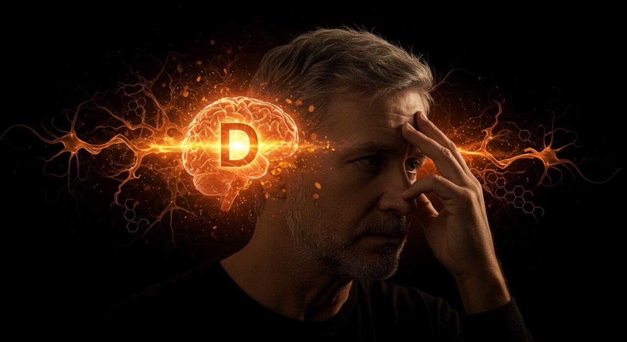 Persona de mediana edad tocando la cabeza con ilustración abstracta de redes neuronales y filamentos de proteína tau, destacando la relación entre Alzheimer y vitamina D para la prevención cerebral.