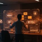 Emprendedor hispanohablante interactuando con interfaz digital de IA de Amazon AWS en entorno futurista, ilustrando la evolución del software de oficina y el crecimiento del mercado SaaS.