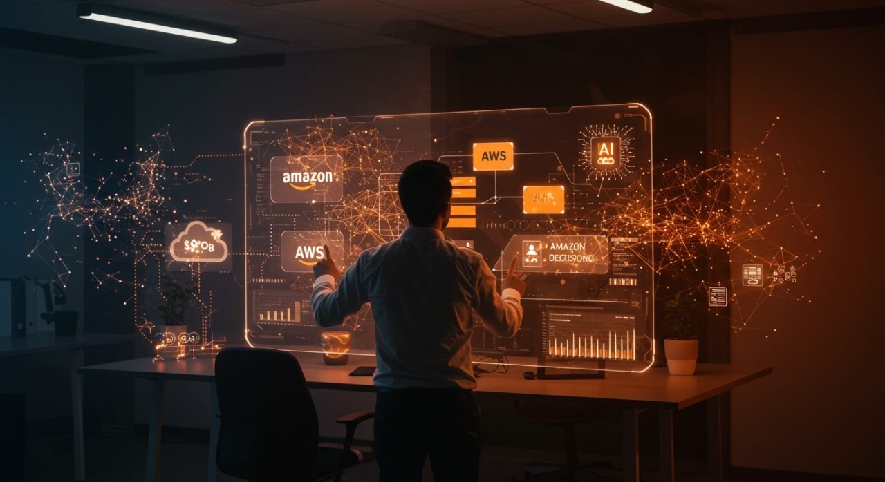 Emprendedor hispanohablante interactuando con interfaz digital de IA de Amazon AWS en entorno futurista, ilustrando la evolución del software de oficina y el crecimiento del mercado SaaS.