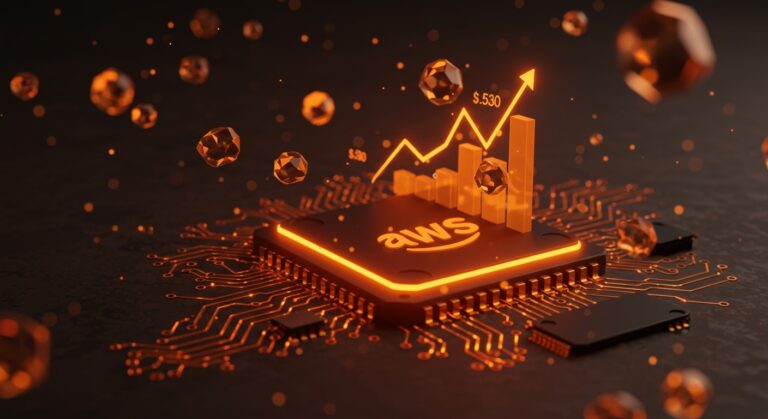 Microchip futurista de Amazon AWS Graviton Trainium con representaciones visuales de inteligencia artificial y crecimiento en infraestructura cloud para startups.