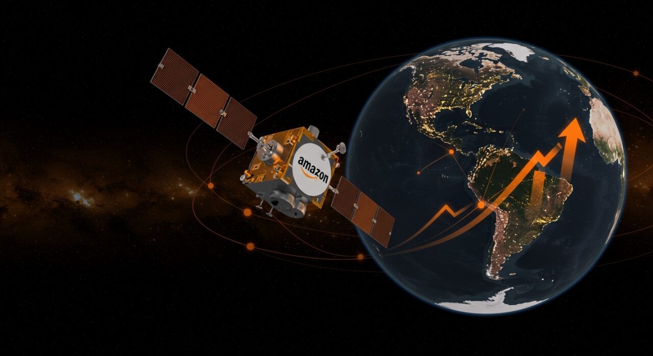 Visual de satélite de Amazon Globalstar expandiendo la red satelital LEO para mejorar la conectividad, destacando impacto en startups de LATAM y España.