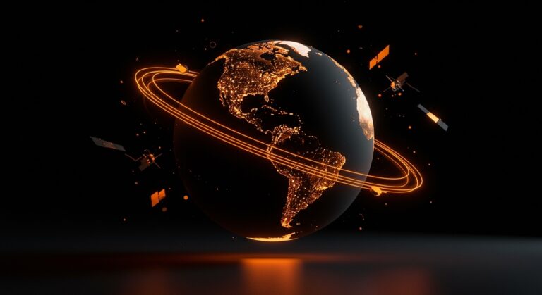 Ilustración de red satelital futurista representando la adquisición de Globalstar por Amazon para competir con Starlink en telecomunicaciones y conectividad rural en LATAM.