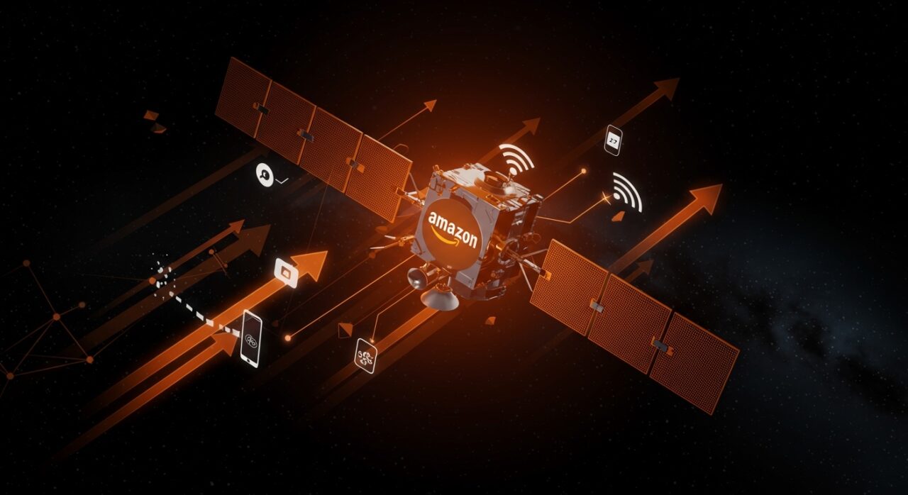 Imagen editorial de satélite con logo de Amazon en tonos naranja y negro representando la compra de Globalstar para el internet satelital y la competencia con Starlink.