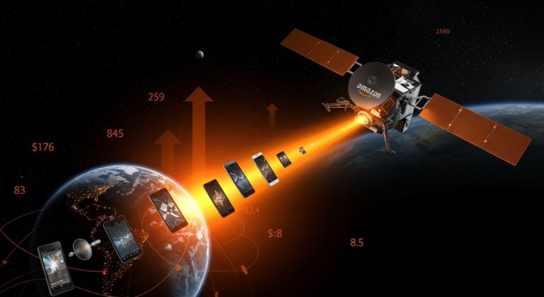 Amazon adquiere Globalstar para lanzar servicios satelitales directos al dispositivo, ilustrado con un satélite Amazon Leo y conexiones digitales globales en colores naranja y negro.