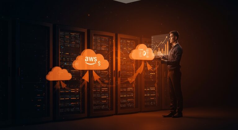 Inversión de Amazon en infraestructura cloud 2026 mostrando una startup aprovechando oportunidades de AWS con tecnología avanzada e inversión en crecimiento.