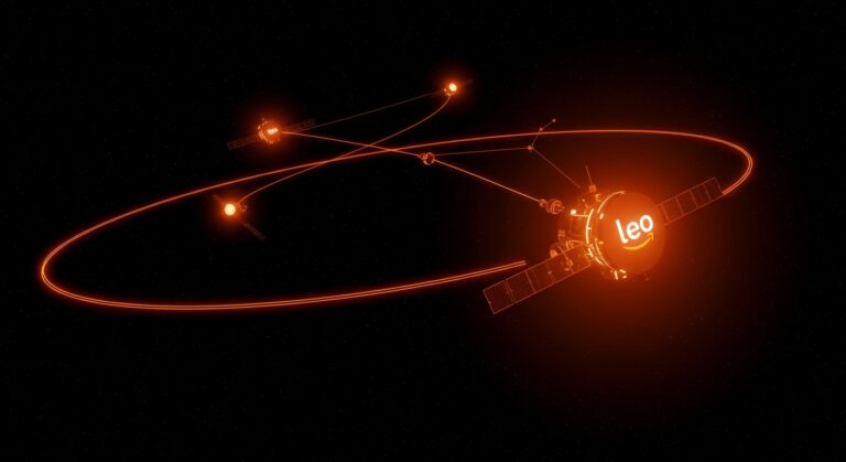 Red satelital futurista con satélites de Amazon y Globalstar orbitando la Tierra, simbolizando la adquisición y competencia con Starlink en conectividad satelital.